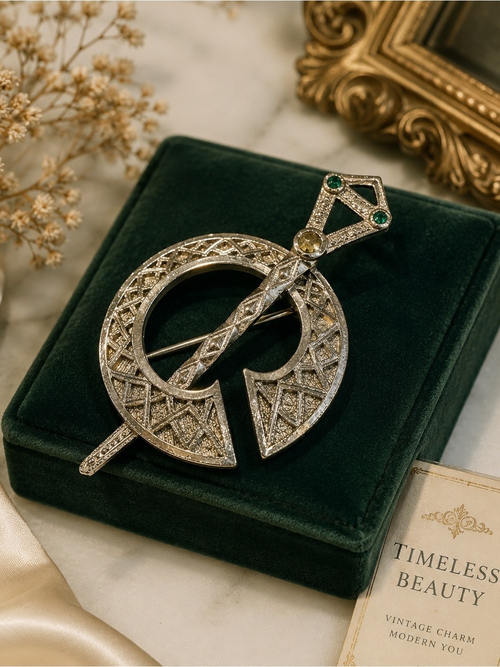 Vintage 1970s Silver Tone Celtic Sword and Shield 'C' Brooch
